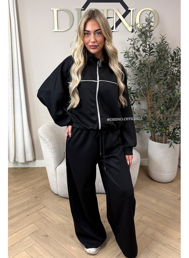 BLACK - 'KYRA SET' - SPORTY CONTRAST PIPING JACKET + WIDE LEG PANTS SET