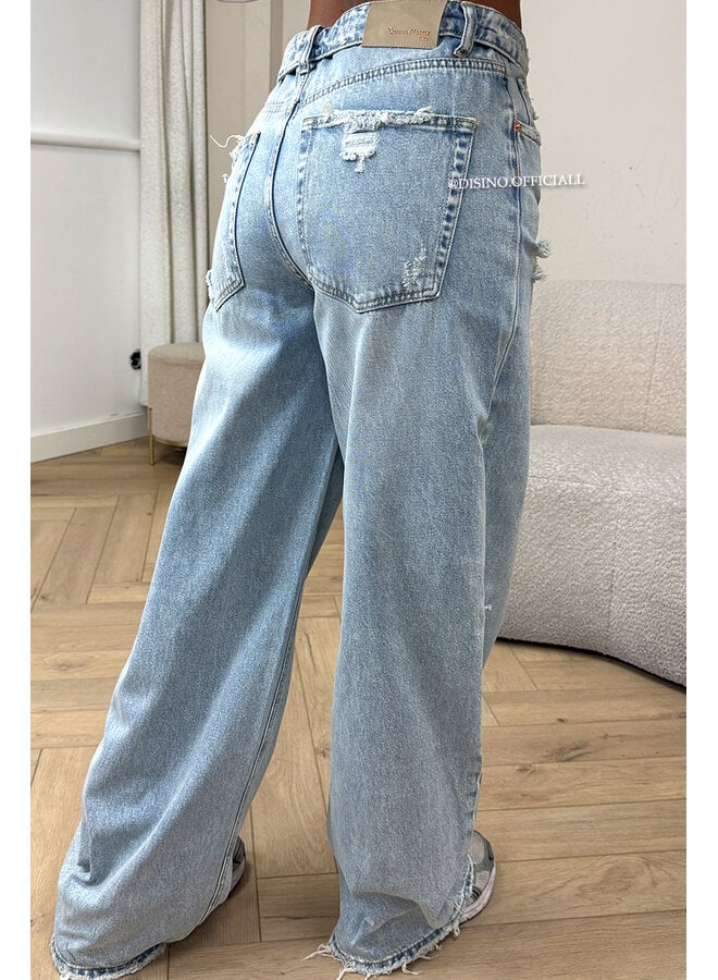 LIGHT BLUE - 'SANTIAGO JEANS' - RIPPED FOLDED WAISTBAND WIDE LEG JEANS