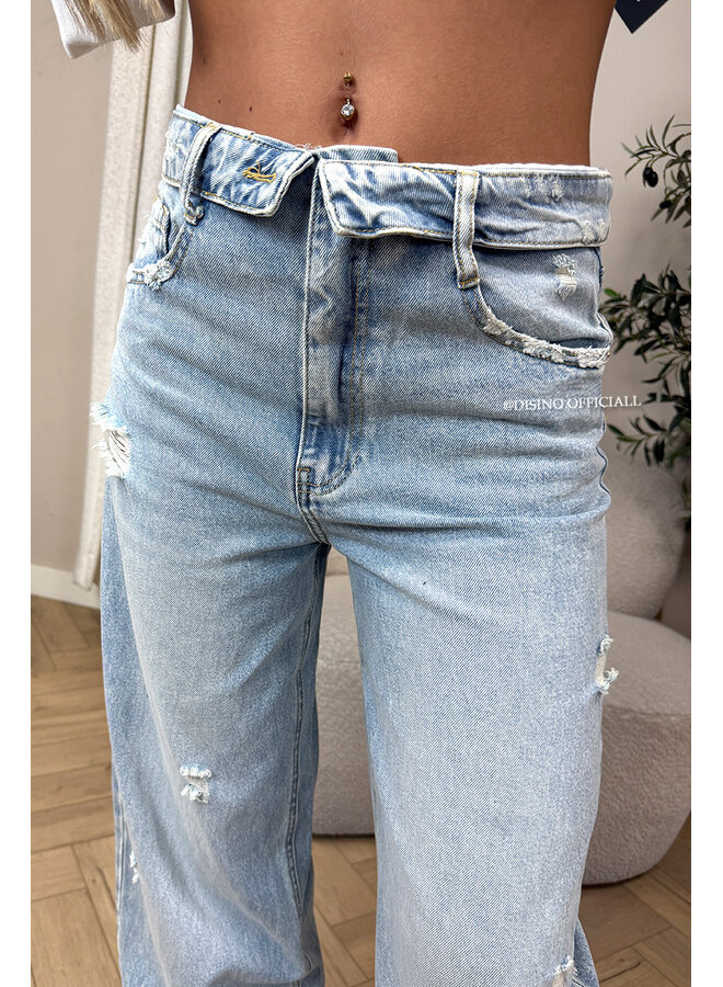 LIGHT BLUE - 'SANTIAGO JEANS' - RIPPED FOLDED WAISTBAND WIDE LEG JEANS