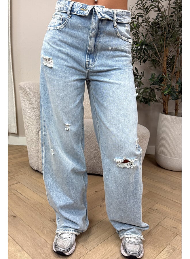 LIGHT BLUE - 'SANTIAGO JEANS' - RIPPED FOLDED WAISTBAND WIDE LEG JEANS