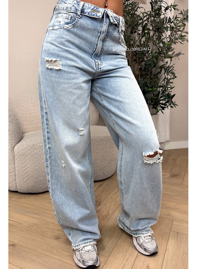 LIGHT BLUE - 'SANTIAGO JEANS' - RIPPED FOLDED WAISTBAND WIDE LEG JEANS