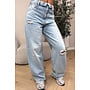LIGHT BLUE - 'SANTIAGO JEANS' - RIPPED FOLDED WAISTBAND WIDE LEG JEANS