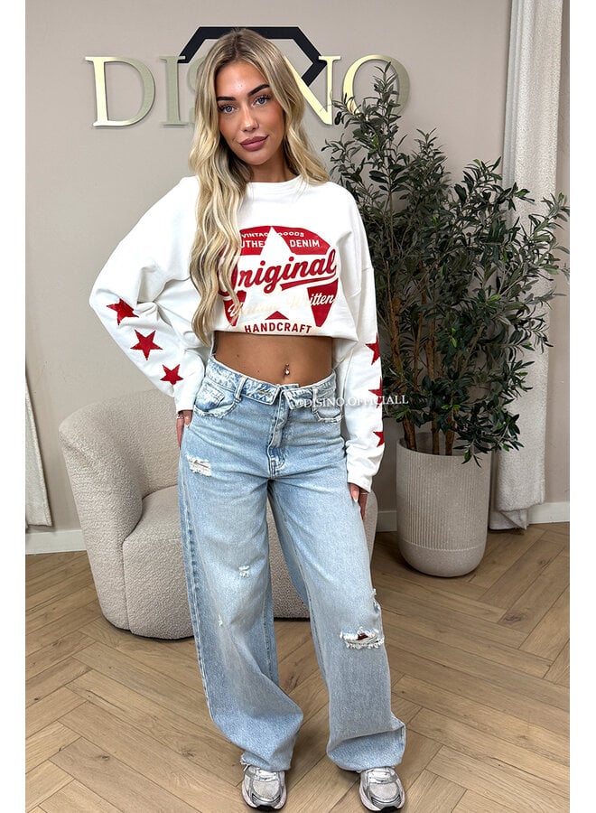 LIGHT BLUE - 'SANTIAGO JEANS' - RIPPED FOLDED WAISTBAND WIDE LEG JEANS