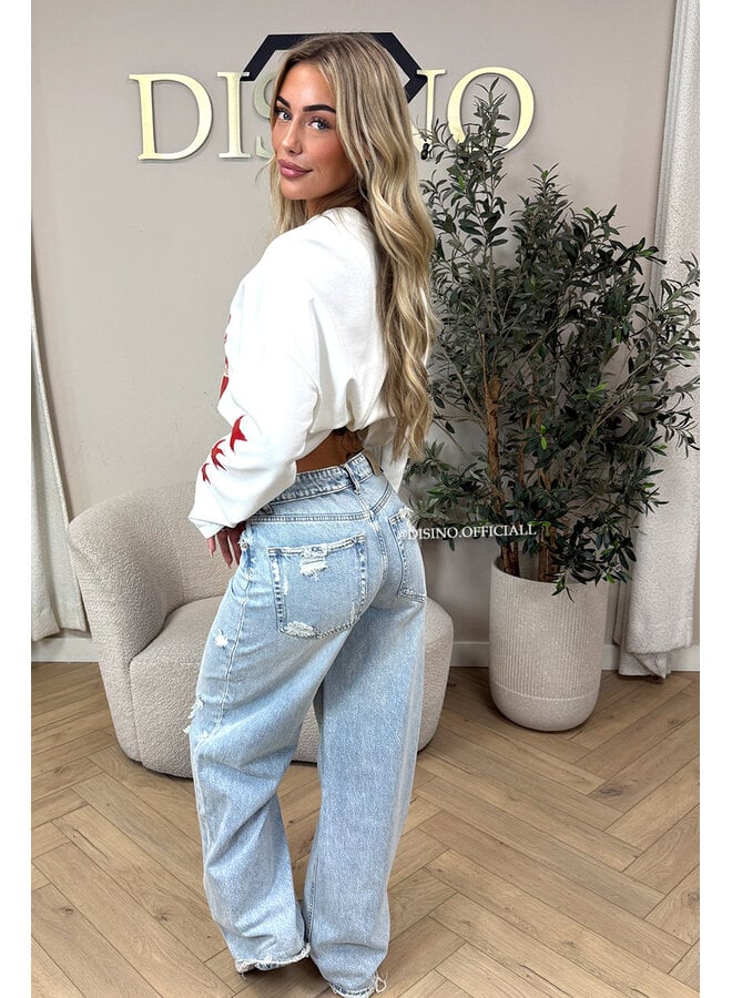LIGHT BLUE - 'SANTIAGO JEANS' - RIPPED FOLDED WAISTBAND WIDE LEG JEANS