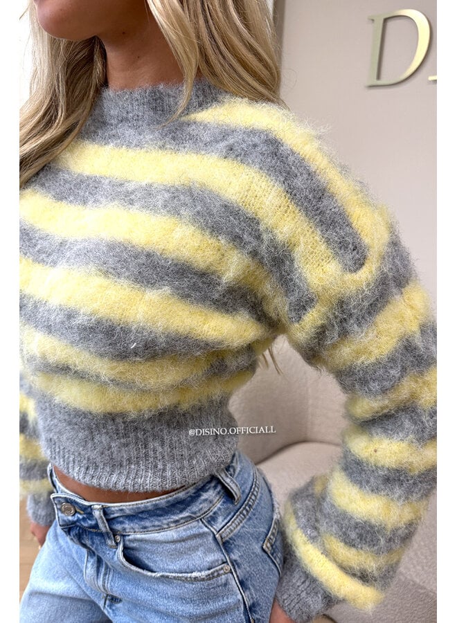 YELLOW/GREY - 'NOELIA CROPPED' - CROPPED FLUFFY MOHAIR STRIPED KNIT
