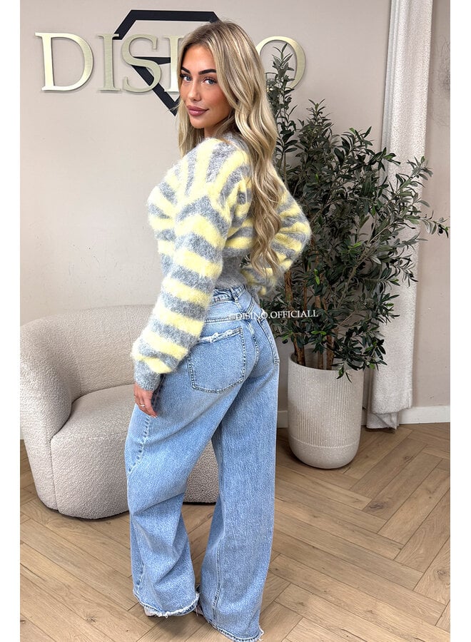 YELLOW/GREY - 'NOELIA CROPPED' - CROPPED FLUFFY MOHAIR STRIPED KNIT