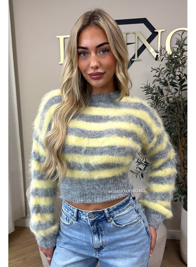 YELLOW/GREY - 'NOELIA CROPPED' - CROPPED FLUFFY MOHAIR STRIPED KNIT