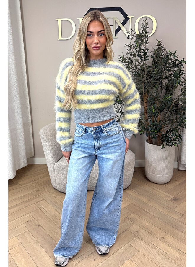 YELLOW/GREY - 'NOELIA CROPPED' - CROPPED FLUFFY MOHAIR STRIPED KNIT