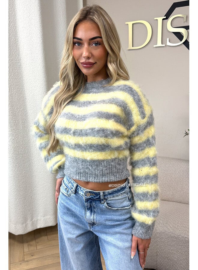 YELLOW/GREY - 'NOELIA CROPPED' - CROPPED FLUFFY MOHAIR STRIPED KNIT