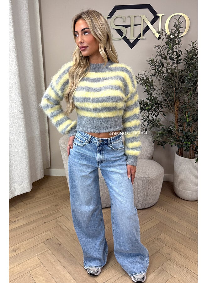 YELLOW/GREY - 'NOELIA CROPPED' - CROPPED FLUFFY MOHAIR STRIPED KNIT