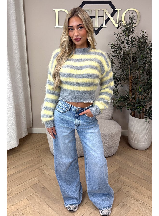 YELLOW/GREY - 'NOELIA CROPPED' - CROPPED FLUFFY MOHAIR STRIPED KNIT
