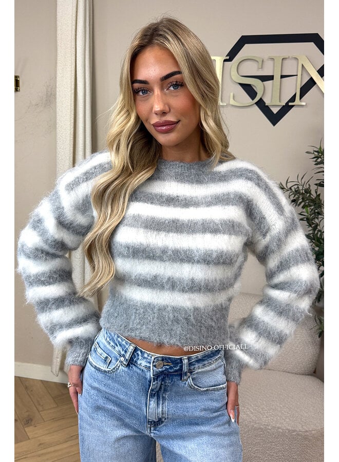 GREY/WHITE - 'NOELIA CROPPED' - CROPPED FLUFFY MOHAIR STRIPED KNIT