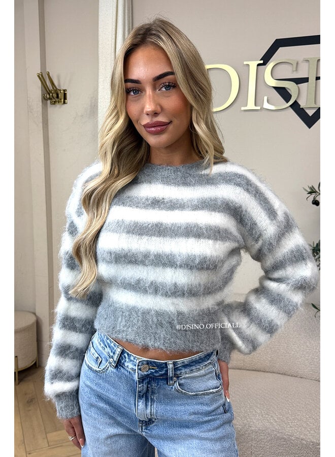 GREY/WHITE - 'NOELIA CROPPED' - CROPPED FLUFFY MOHAIR STRIPED KNIT