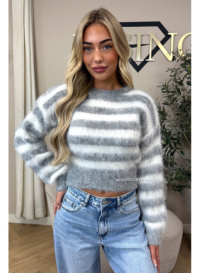 GREY/WHITE - 'NOELIA CROPPED' - CROPPED FLUFFY MOHAIR STRIPED KNIT