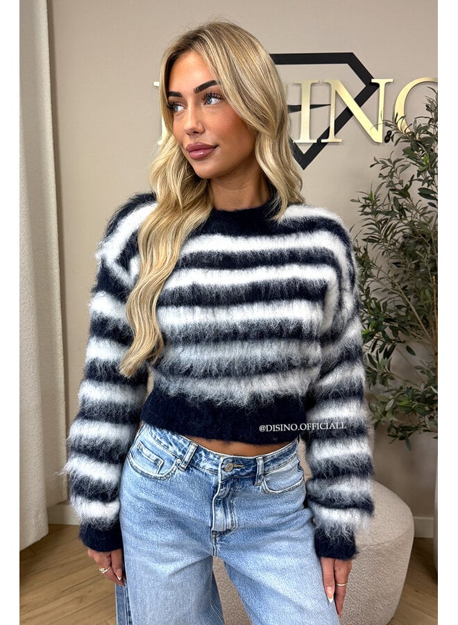 NAVY/WHITE - 'NOELIA CROPPED' - CROPPED FLUFFY MOHAIR STRIPED KNIT