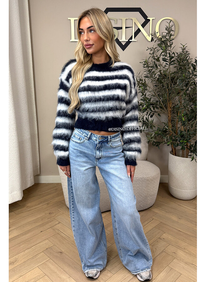 NAVY/WHITE - 'NOELIA CROPPED' - CROPPED FLUFFY MOHAIR STRIPED KNIT