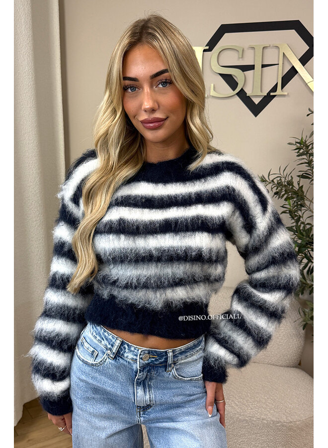 NAVY/WHITE - 'NOELIA CROPPED' - CROPPED FLUFFY MOHAIR STRIPED KNIT