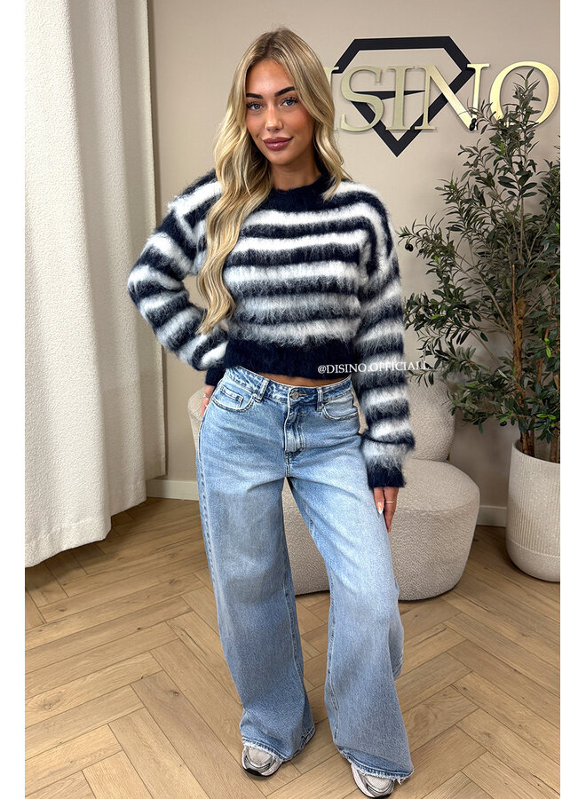 NAVY/WHITE - 'NOELIA CROPPED' - CROPPED FLUFFY MOHAIR STRIPED KNIT