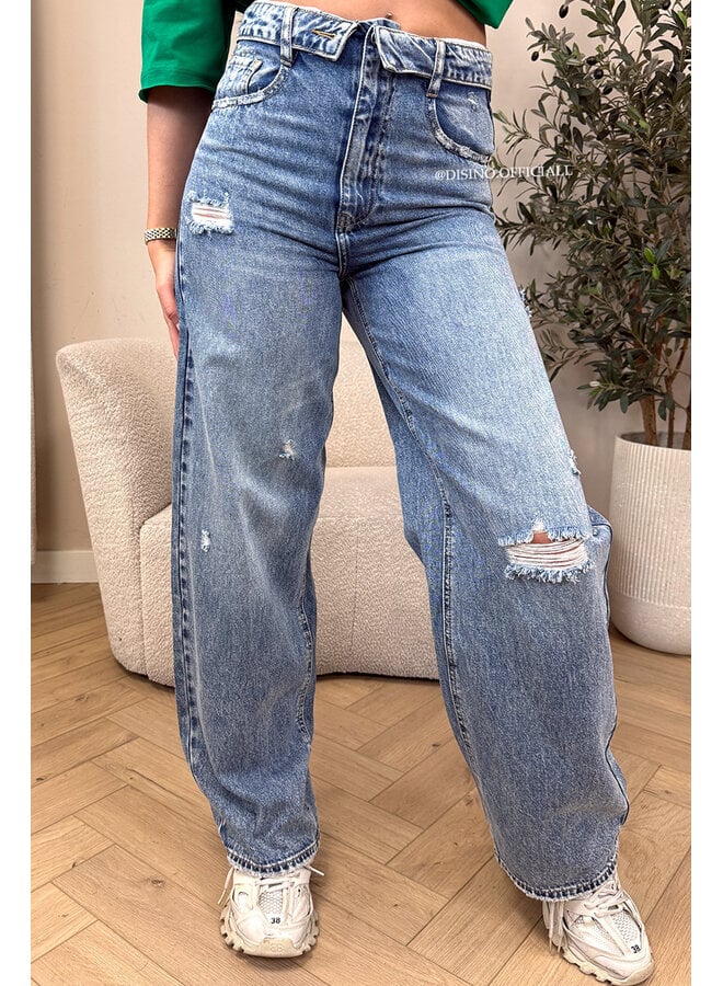 DARK BLUE - 'SANTIAGO JEANS' - RIPPED FOLDED WAISTBAND WIDE LEG JEANS
