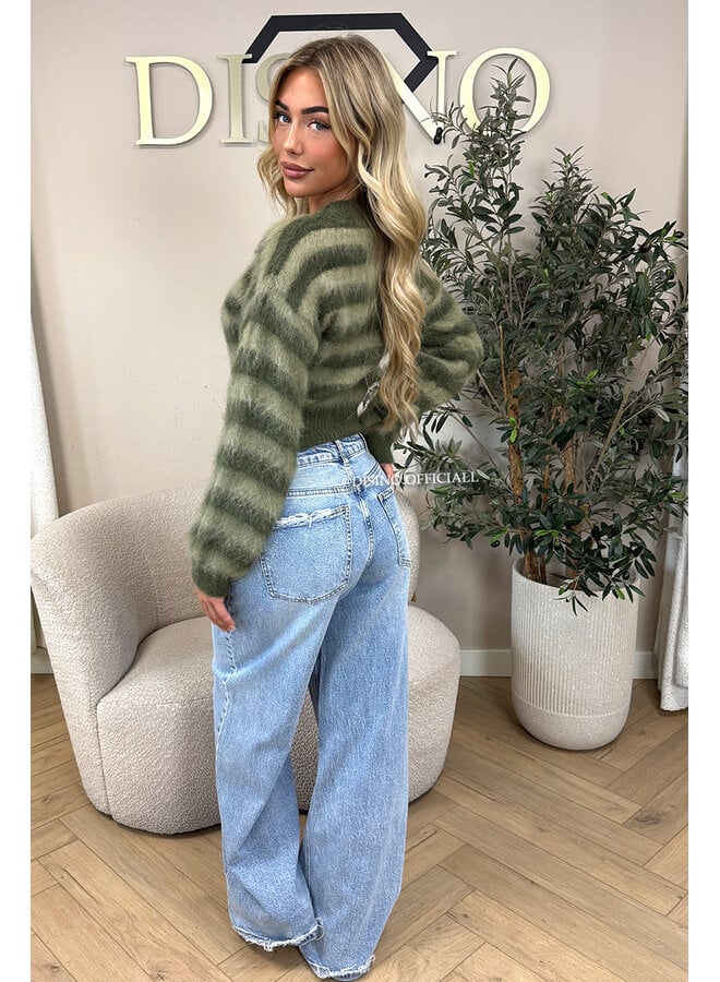 GREEN - 'STRIPED NOELIA CROPPED' - CROPPED FLUFFY MOHAIR STRIPED KNIT