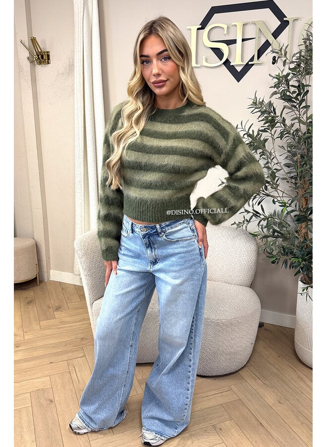 GREEN - 'STRIPED NOELIA CROPPED' - CROPPED FLUFFY MOHAIR STRIPED KNIT