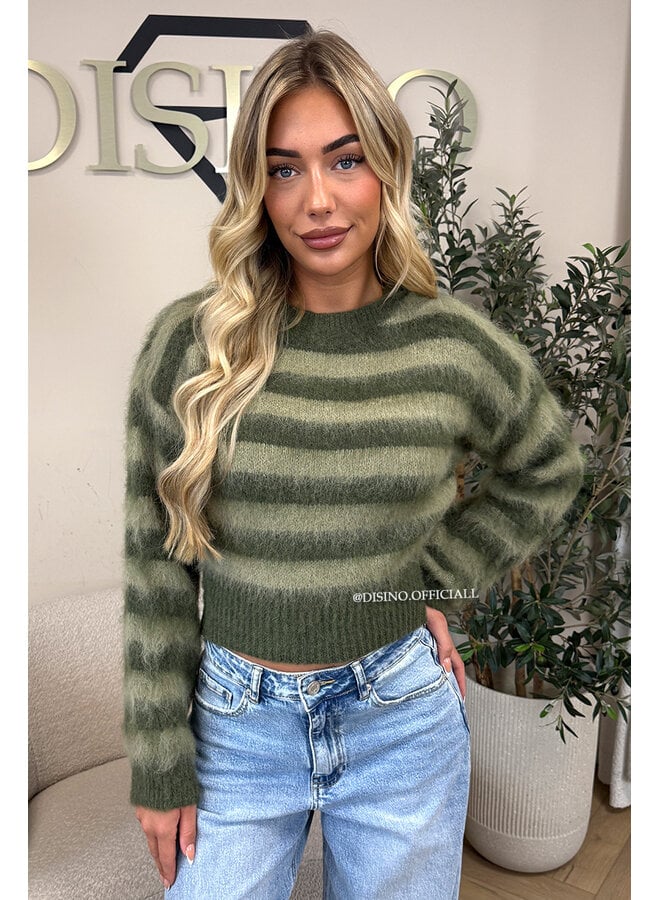 GREEN - 'STRIPED NOELIA CROPPED' - CROPPED FLUFFY MOHAIR STRIPED KNIT