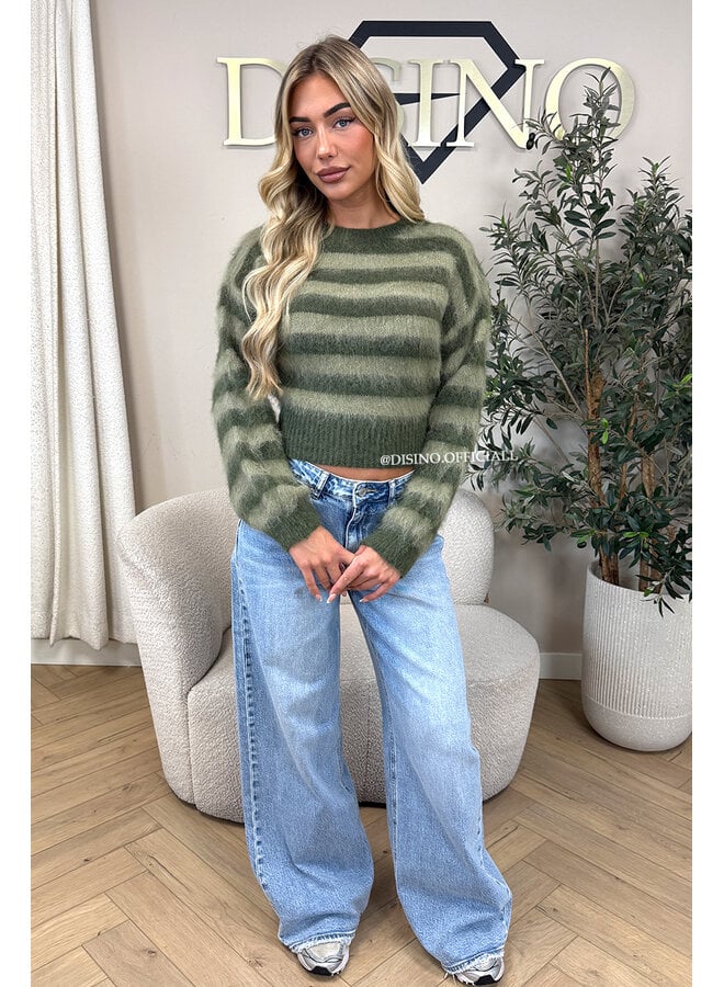 GREEN - 'STRIPED NOELIA CROPPED' - CROPPED FLUFFY MOHAIR STRIPED KNIT