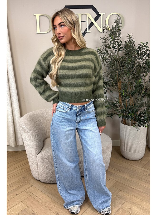 GREEN - 'STRIPED NOELIA CROPPED' - CROPPED FLUFFY MOHAIR STRIPED KNIT