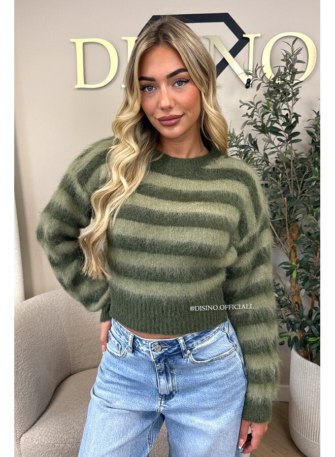GREEN - 'STRIPED NOELIA CROPPED' - CROPPED FLUFFY MOHAIR STRIPED KNIT