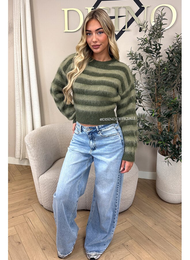 GREEN - 'STRIPED NOELIA CROPPED' - CROPPED FLUFFY MOHAIR STRIPED KNIT