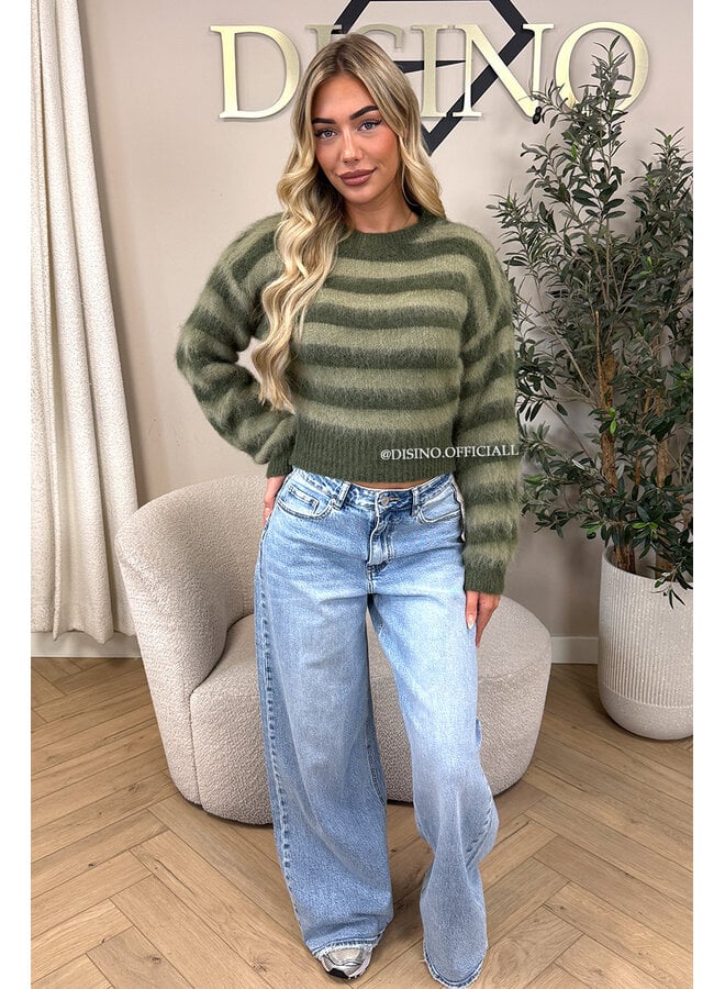 GREEN - 'STRIPED NOELIA CROPPED' - CROPPED FLUFFY MOHAIR STRIPED KNIT