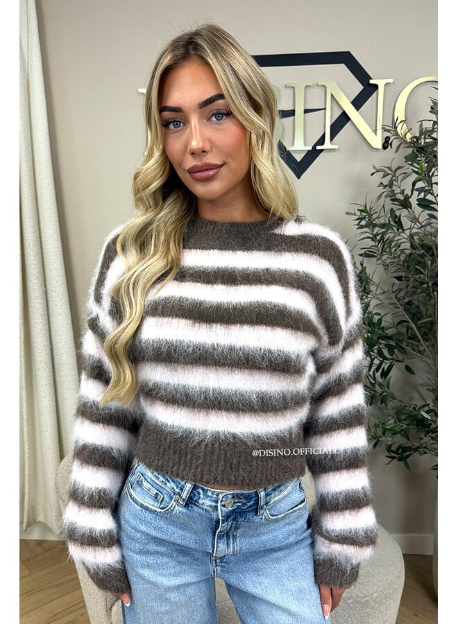 PINK/TAUPE - 'STRIPED NOELIA CROPPED' - CROPPED FLUFFY MOHAIR STRIPED KNIT