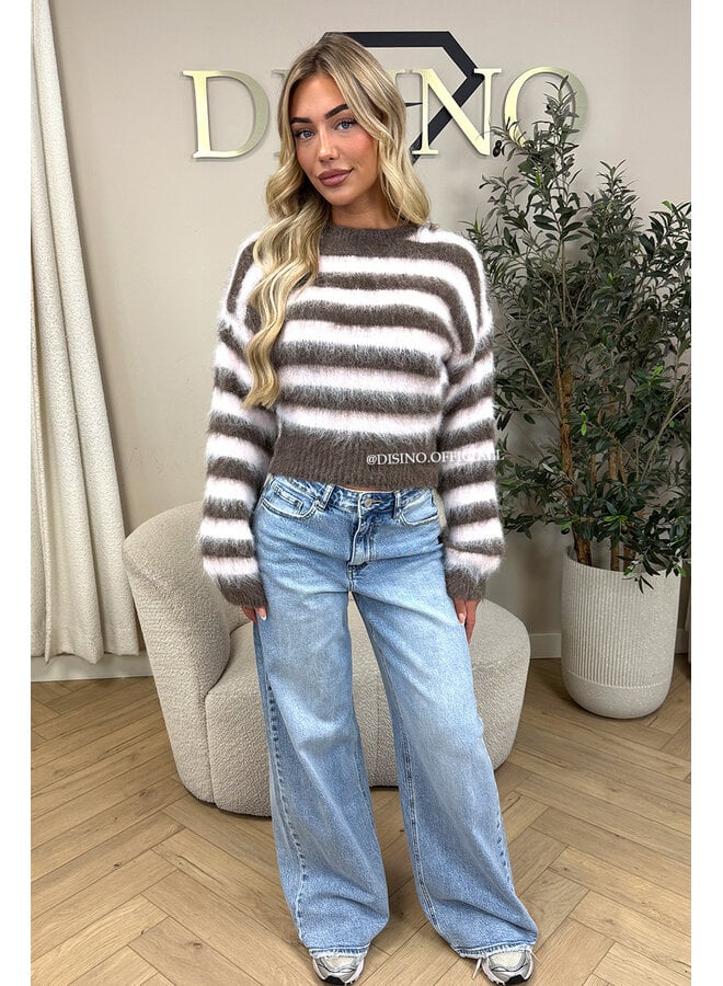 PINK/TAUPE - 'STRIPED NOELIA CROPPED' - CROPPED FLUFFY MOHAIR STRIPED KNIT