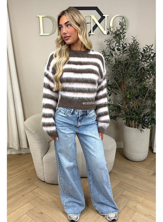 PINK/TAUPE - 'STRIPED NOELIA CROPPED' - CROPPED FLUFFY MOHAIR STRIPED KNIT