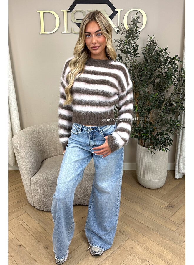 PINK/TAUPE - 'STRIPED NOELIA CROPPED' - CROPPED FLUFFY MOHAIR STRIPED KNIT