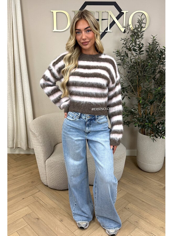 PINK/TAUPE - 'STRIPED NOELIA CROPPED' - CROPPED FLUFFY MOHAIR STRIPED KNIT