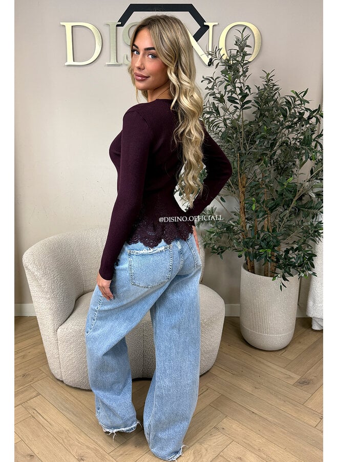 BURGUNDY - 'COLETTE TOP' - FEMININE RIBBED LACE PEPLUM TOP