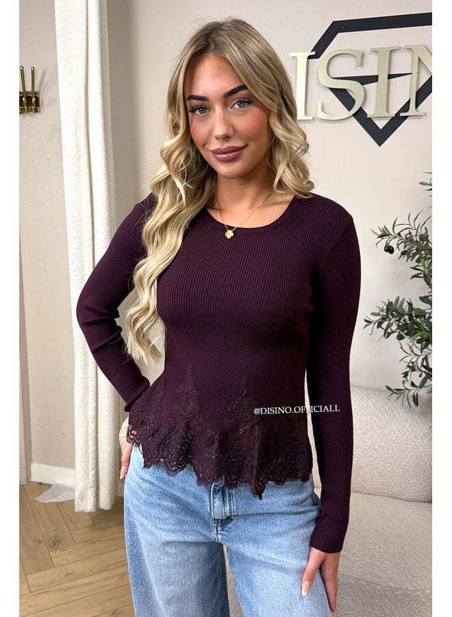 BURGUNDY - 'COLETTE TOP' - FEMININE RIBBED LACE PEPLUM TOP