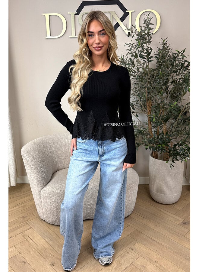BLACK - 'COLETTE TOP' - FEMININE RIBBED LACE PEPLUM TOP