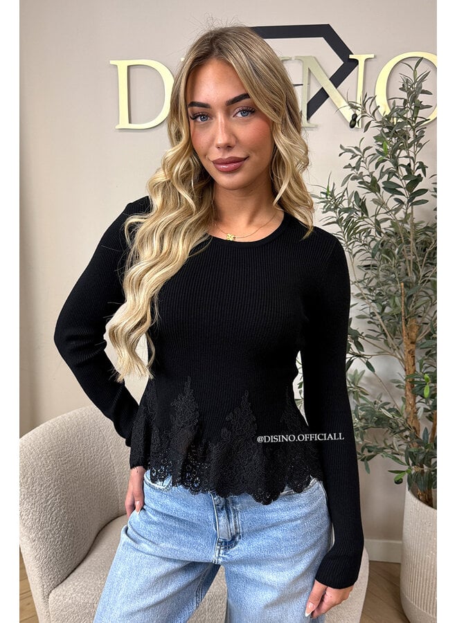 BLACK - 'COLETTE TOP' - FEMININE RIBBED LACE PEPLUM TOP
