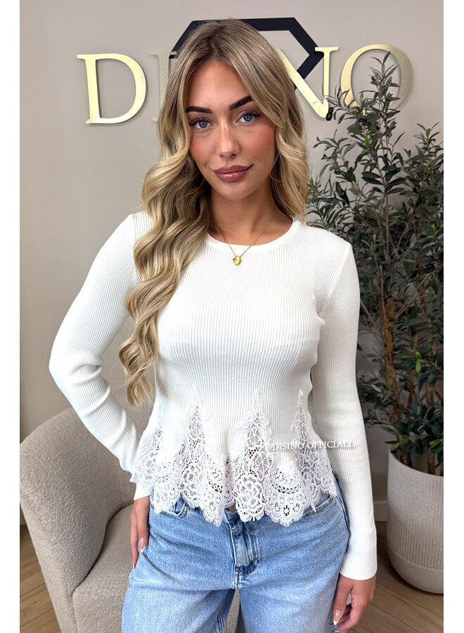 WHITE - 'COLETTE TOP' - FEMININE RIBBED LACE PEPLUM TOP