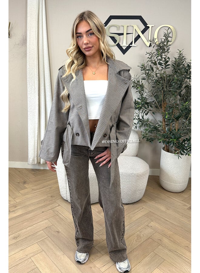 TAUPE – ‘LIVV JACKET’ – CHECKED BELTED TRENCH JACKET
