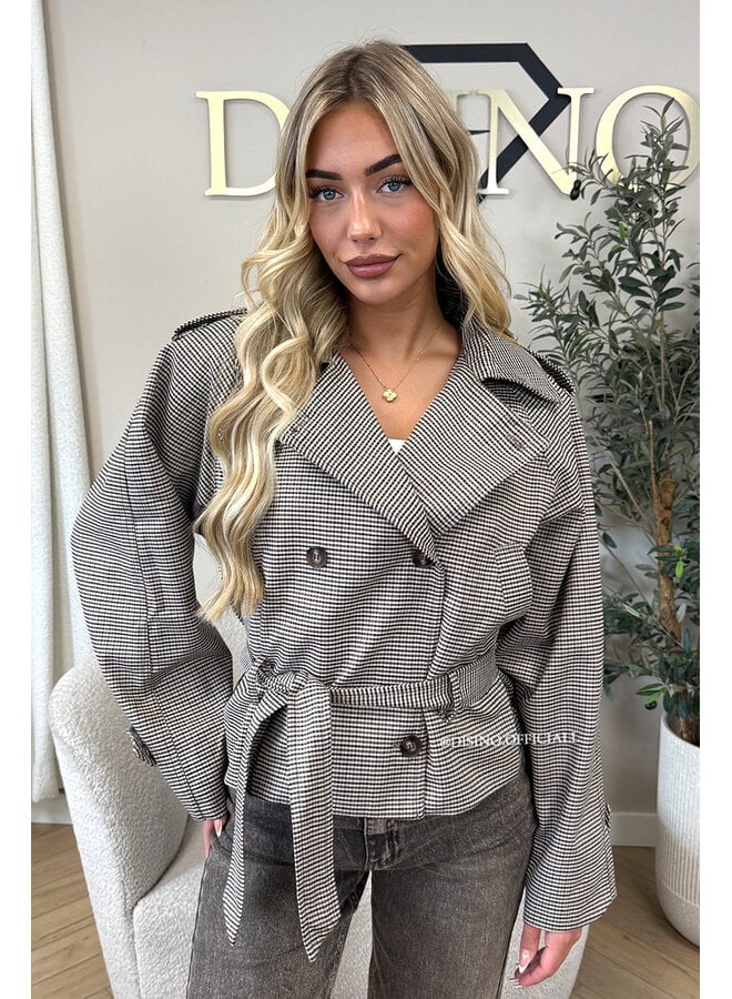 TAUPE – ‘LIVV JACKET’ – CHECKED BELTED TRENCH JACKET