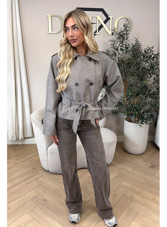 TAUPE – ‘LIVV JACKET’ – CHECKED BELTED TRENCH JACKET
