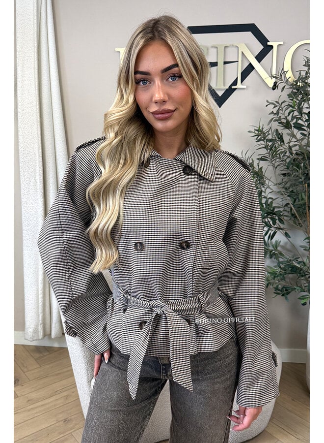 TAUPE – ‘LIVV JACKET’ – CHECKED BELTED TRENCH JACKET