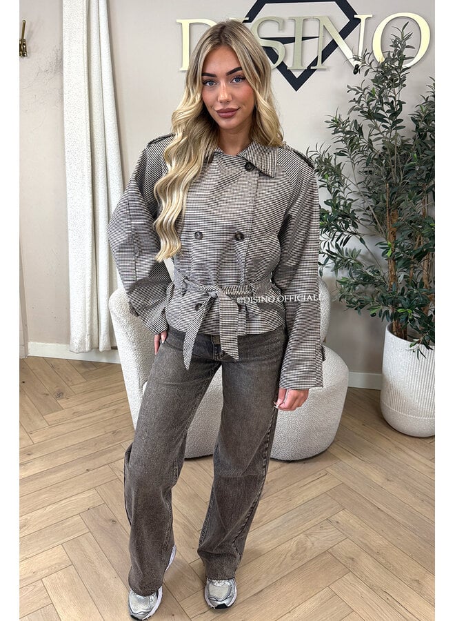 TAUPE – ‘LIVV JACKET’ – CHECKED BELTED TRENCH JACKET
