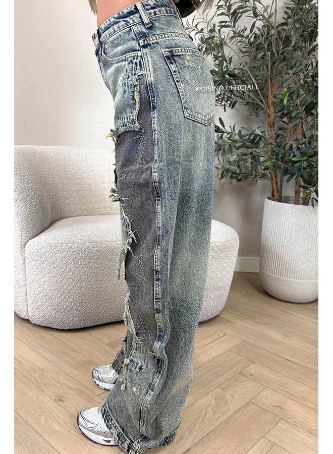 DIRTY WASH - 'RAYA JEANS' - EXCLUSIVE DISTRESSED PATCHWORK BAGGY JEANS