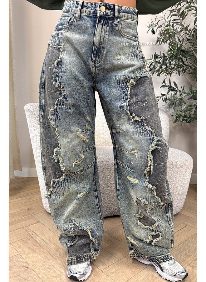 DIRTY WASH - 'RAYA JEANS' - EXCLUSIVE DISTRESSED PATCHWORK BAGGY JEANS