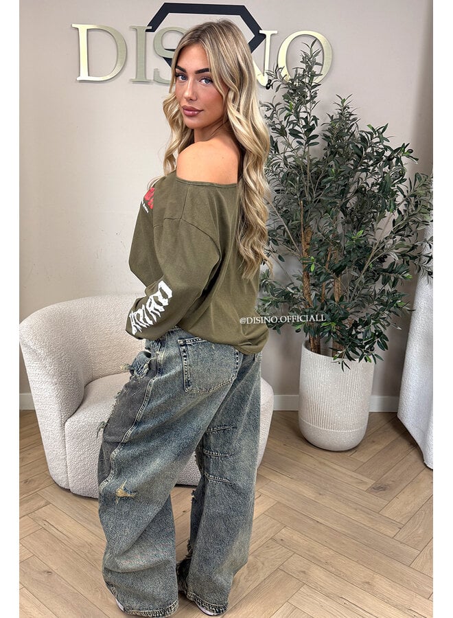 ARMY GREEN - 'MARIEL LONGSLEEVE' - OVERSIZED OFF SHOULDER LONGSLEEVE TOP