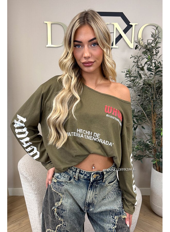 ARMY GREEN - 'MARIEL LONGSLEEVE' - OVERSIZED OFF SHOULDER LONGSLEEVE TOP